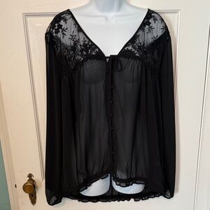 Torrid Chiffon Gauze Embroidered Tie Front Black Women's Blouse